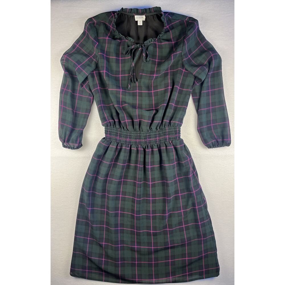 J.Crew Women’s Plaid Long Sleeve Ruffle Neck Elastic Waist Dress XXS Green Pink